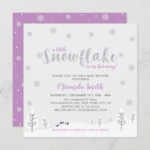 Silver  Purple Winter Wonderland Girl Baby Shower Invitation