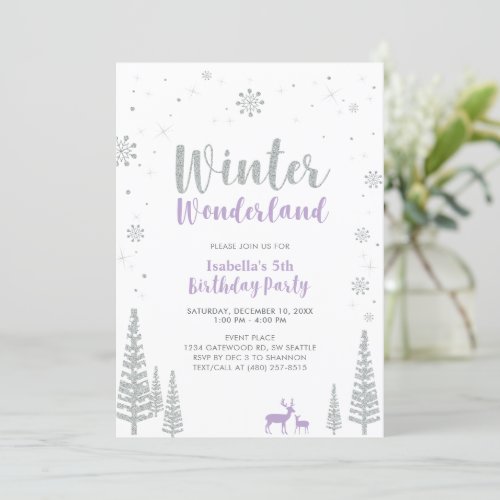 Silver  Purple Winter Wonderland Girl Birthday Invitation