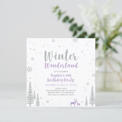 Silver  Purple Winter Wonderland Girl Birthday Invitation