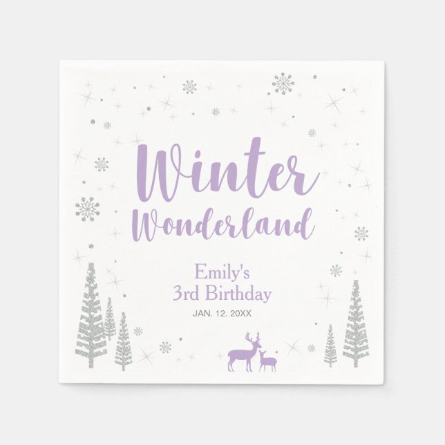 Silver & Purple Winter Wonderland Girl Birthday Napkins (Front)