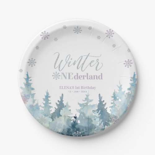 Silver Purple Winter Wonderland Snow 1st Birthday Paper Plates