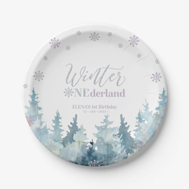 Silver Purple Winter Wonderland Snow 1st Birthday Paper Plates (Front)