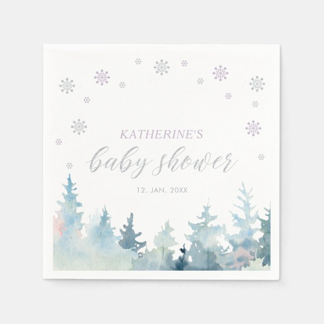 Silver & Purple Winter Wonderland Snow Baby Shower Napkins (Front)