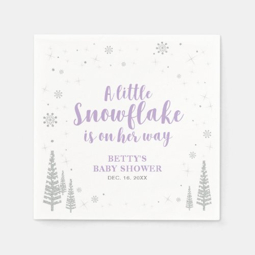 Silver  Purple Winter Wonderland Snow Baby Shower Napkins