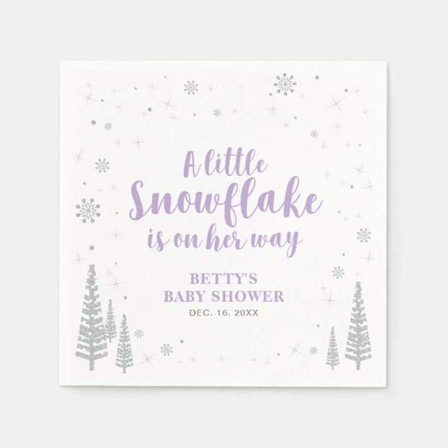 Silver & Purple Winter Wonderland Snow Baby Shower Napkins (Front)