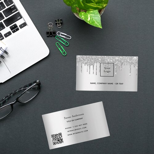 Silver QR code glitter drips female Business Card