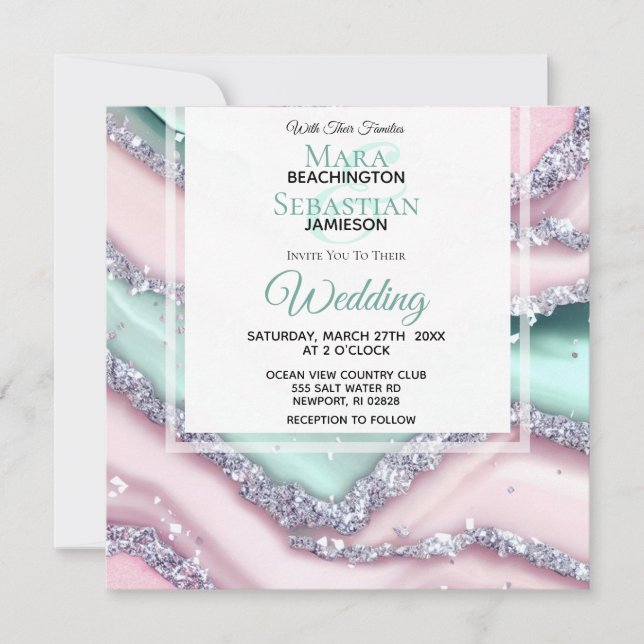 *~*  Silver QR MINT PINK AGATE AR66 RSVP Wedding Invitation (Front)
