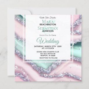 *~* Silver QR MINT PINK AGATE AR66 RSVP Wedding Invitation