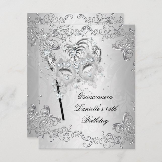 Silver Quinceanera 15th Birthday Masquerade Invitation (Front/Back)
