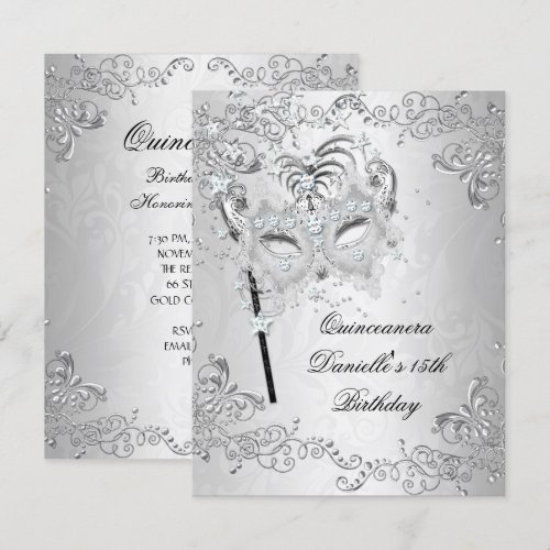 Silver Quinceanera 15th Birthday Masquerade Custom Invitation