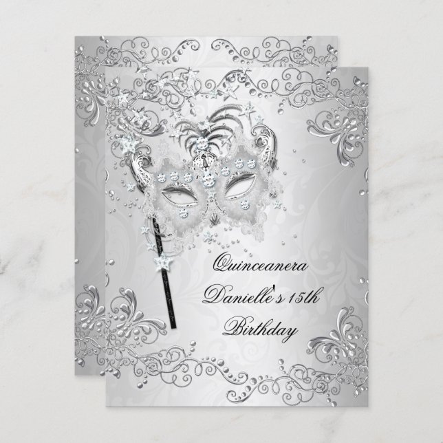 Silver Quinceanera 15th Birthday Masquerade Invitation (Front/Back)