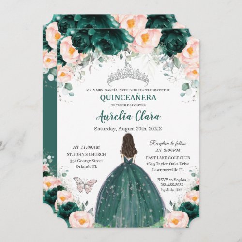 Silver Quinceaera Emerald Blush Floral Princess Invitation