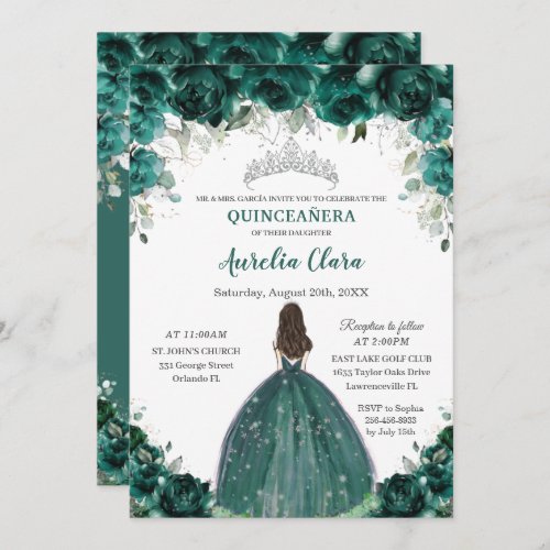 Silver Quinceaera Emerald Green Floral Princess  Invitation