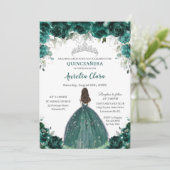 Silver Quinceañera Emerald Green Floral Princess  Invitation (Standing Front)