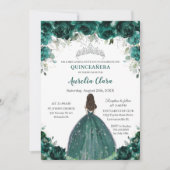 Silver Quinceañera Emerald Green Floral Princess  Invitation (Front)