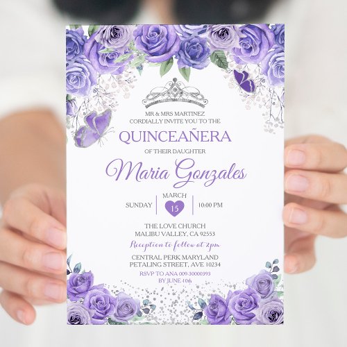 Silver Quinceaera Purple Crown Mexican Butterfly Invitation