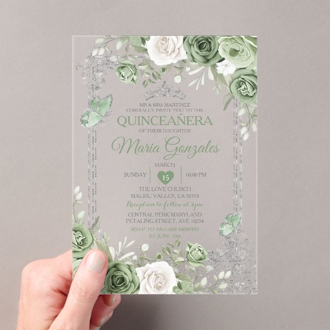 Silver Quinceañera Sage Green Crown Butterfly Acrylic Invitations (Insitu (Handheld))