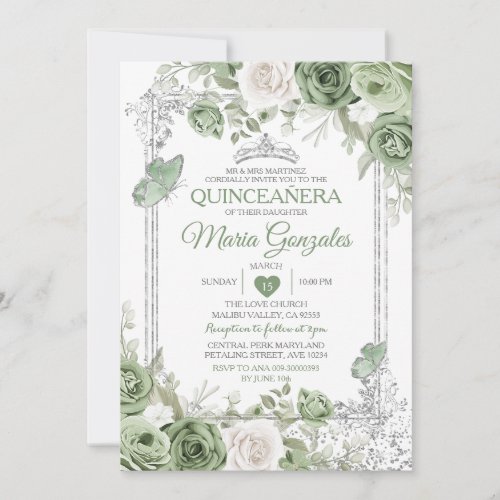 Silver Quinceaera Sage Green Crown Butterfly Invitation