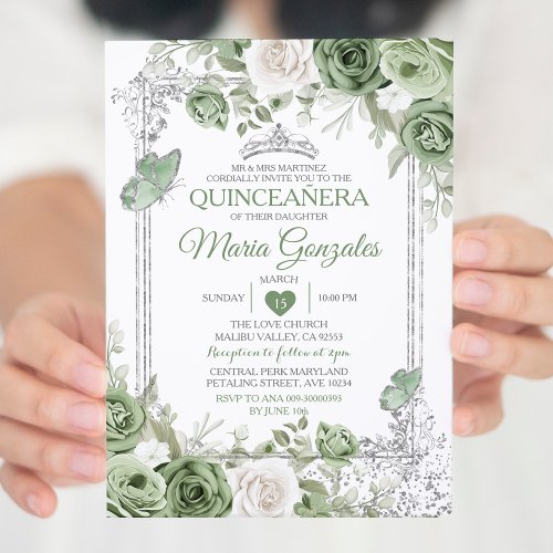 Silver Quinceaera Sage Green Crown Butterfly Invitation