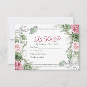 Silver Quinceañera Sage Green Crown Rsvp Card