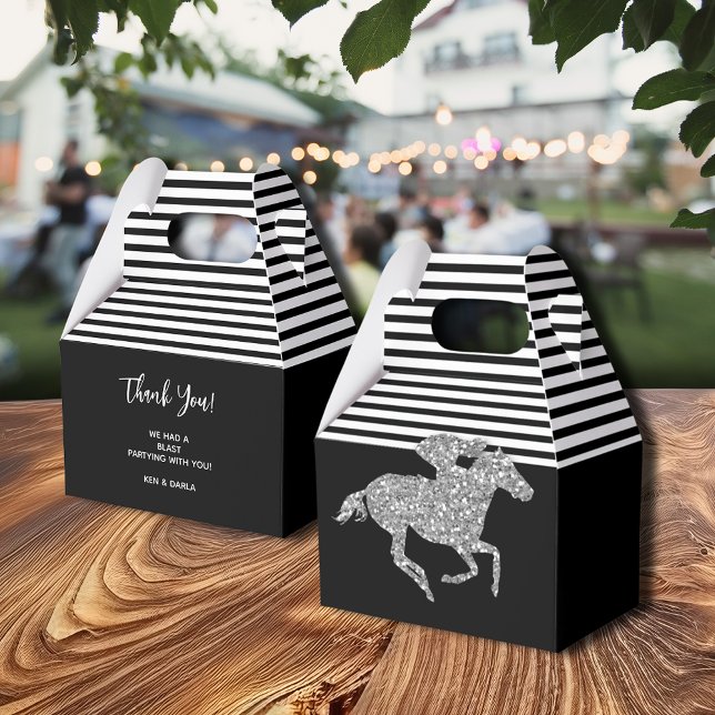 Silver Racehorse Black White Stripes Favor Boxes (Silver Racehorse Black White Stripes Gable Style Favor Boxes)