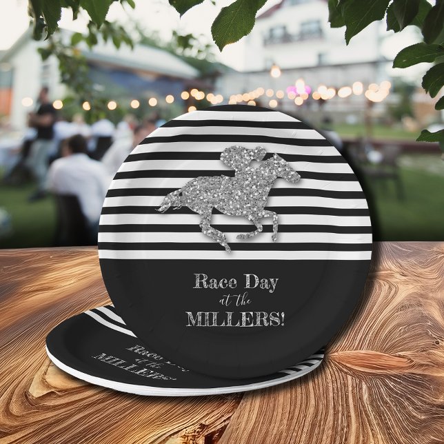 Silver Racehorse Black White Stripes Paper Plates (Silver Racehorse Black White Stripes 7" Paper Plates (9" available.))