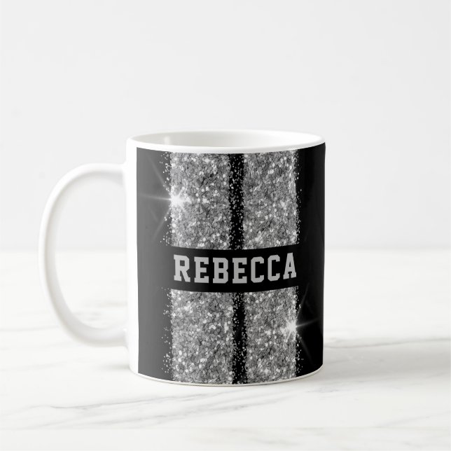 Silver Racing Stripe Personalized Name Coffee Mug (Left)