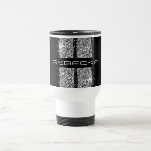 Silver Racing Stripe Sparkly Personalized Travel Mug