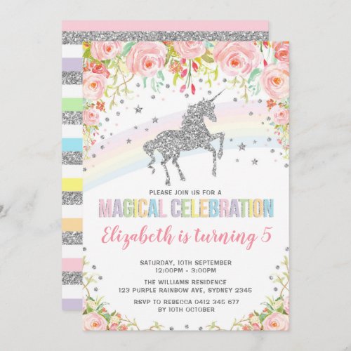 Silver Rainbow Unicorn Birthday Party Invitation