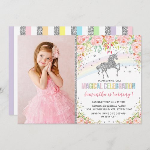 Silver Rainbow Unicorn Pink Floral Birthday Invitation