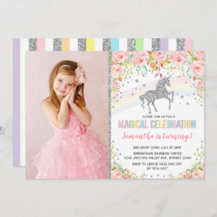 Silver Rainbow Unicorn Pink Floral Birthday Invitation