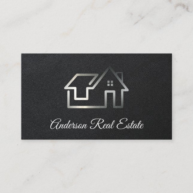 Silver Real Estate Logo | Black Leather Business Card (Front)