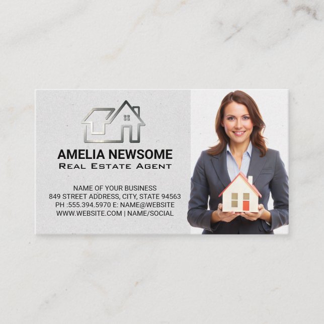 Silver Real Estate Logo | Realtor Business Woman Business Card (Front)