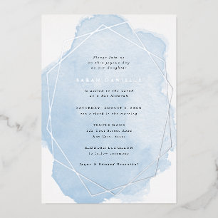 Silver Real Foil Frame-Blue Watercolor Bat Mitzvah Invitation