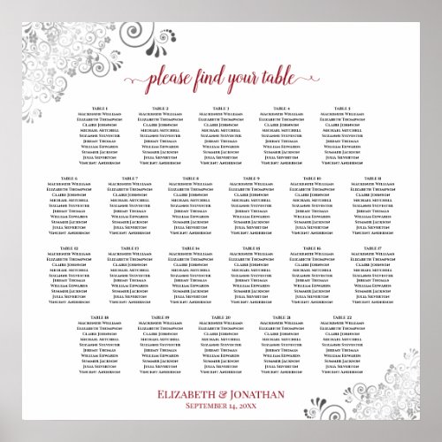 Silver  Red 22 Table White Wedding Seating Chart