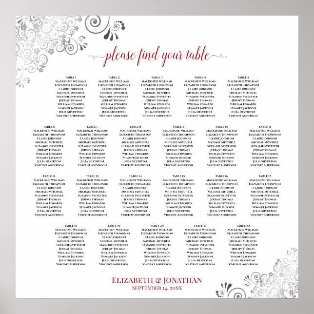 Silver & Red 22 Table White Wedding Seating Chart (Front)