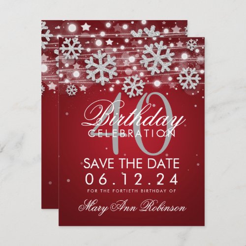 Silver Red 40th Birthday Save Date Winter Invitation