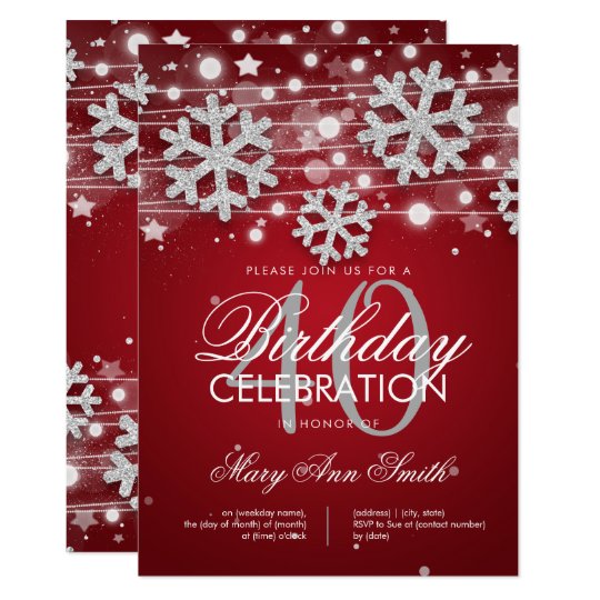 Silver Red 40th Birthday Winter Glitter Glam Invitation ...