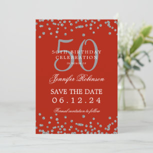 Silver Red 50th Birthday Save the Date & Details Invitation