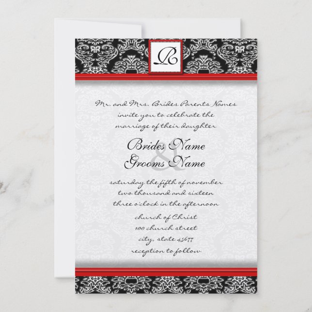 Silver Red and Black Damask Wedding Invitation (Back)