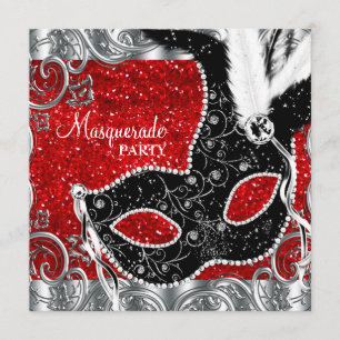 Silver Red and Black Mask Masquerade Party Invitation