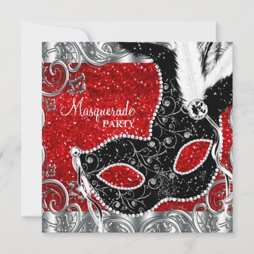 Silver Red and Black Mask Masquerade Party Invitation