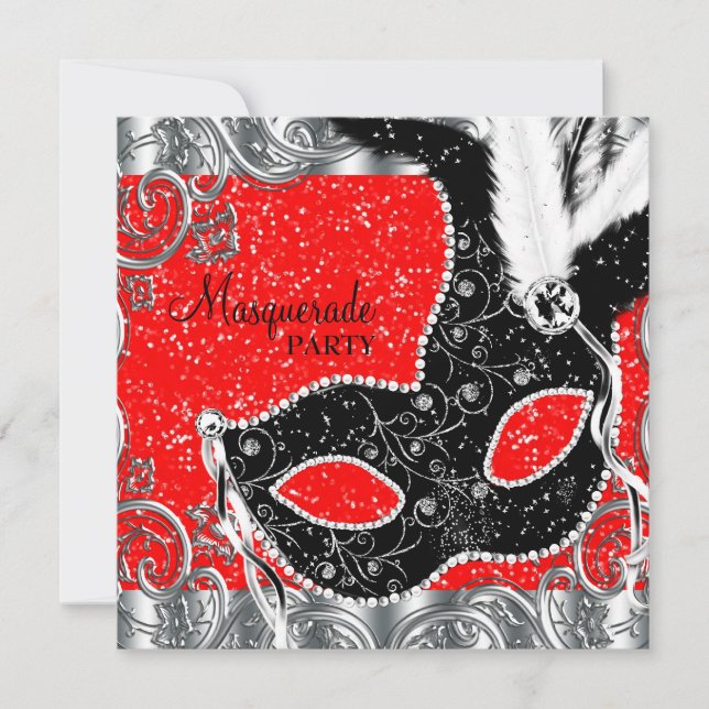 Silver Red and Black Mask Masquerade Party Invitation (Front)