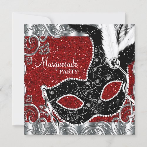 Silver Red and Black Mask Masquerade Party Invitation