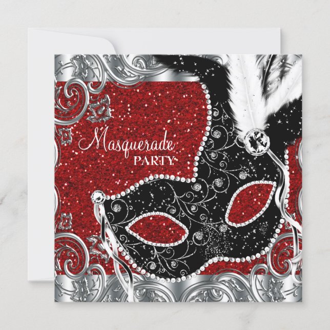 Silver Red and Black Mask Masquerade Party Invitation (Front)