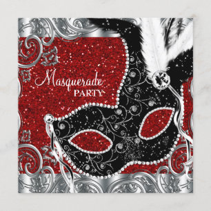 Silver Red and Black Mask Masquerade Party Invitation