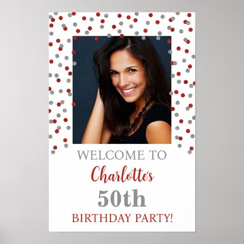 Silver  Red Birthday Party Custom 12x18 Photo Poster