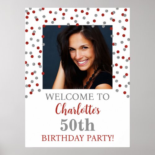 Silver Red Birthday Party Custom 18x24 Photo Poster