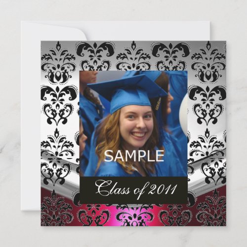 SILVER REDBLACK DAMASK GRADUATION MONOGRAM ANNOUNCEMENT