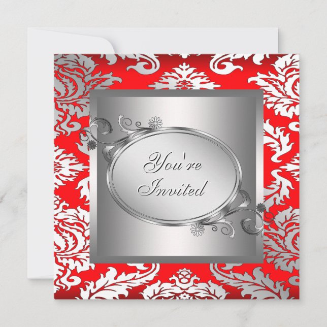 Silver Red Black Damask Party Invitation (Front)